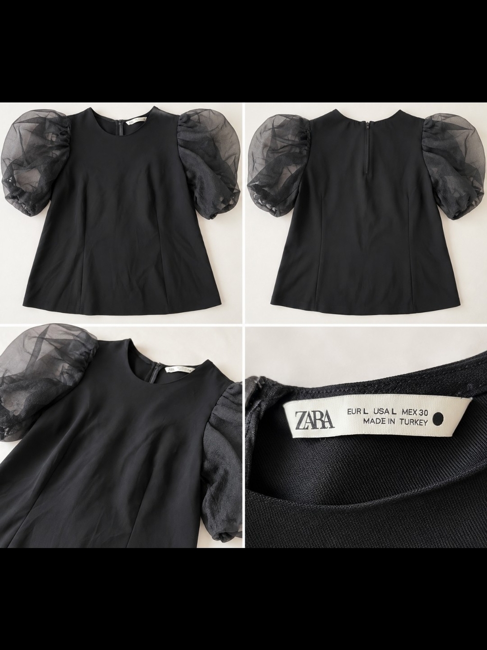 Zara Black Puff-Sleeve Sheer-Sleeve Top